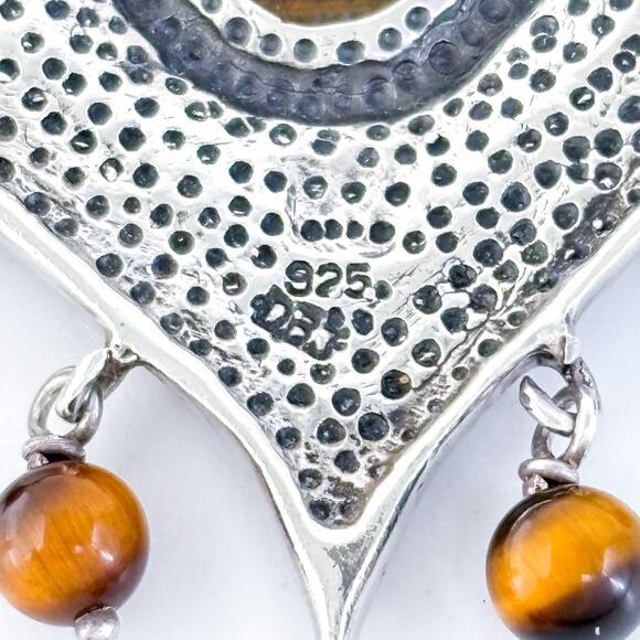 Vintage Sterling Silver 925 4.5cm Shield Shaped Tiger’s Eye Dangle Pendant - Picture 5 of 7